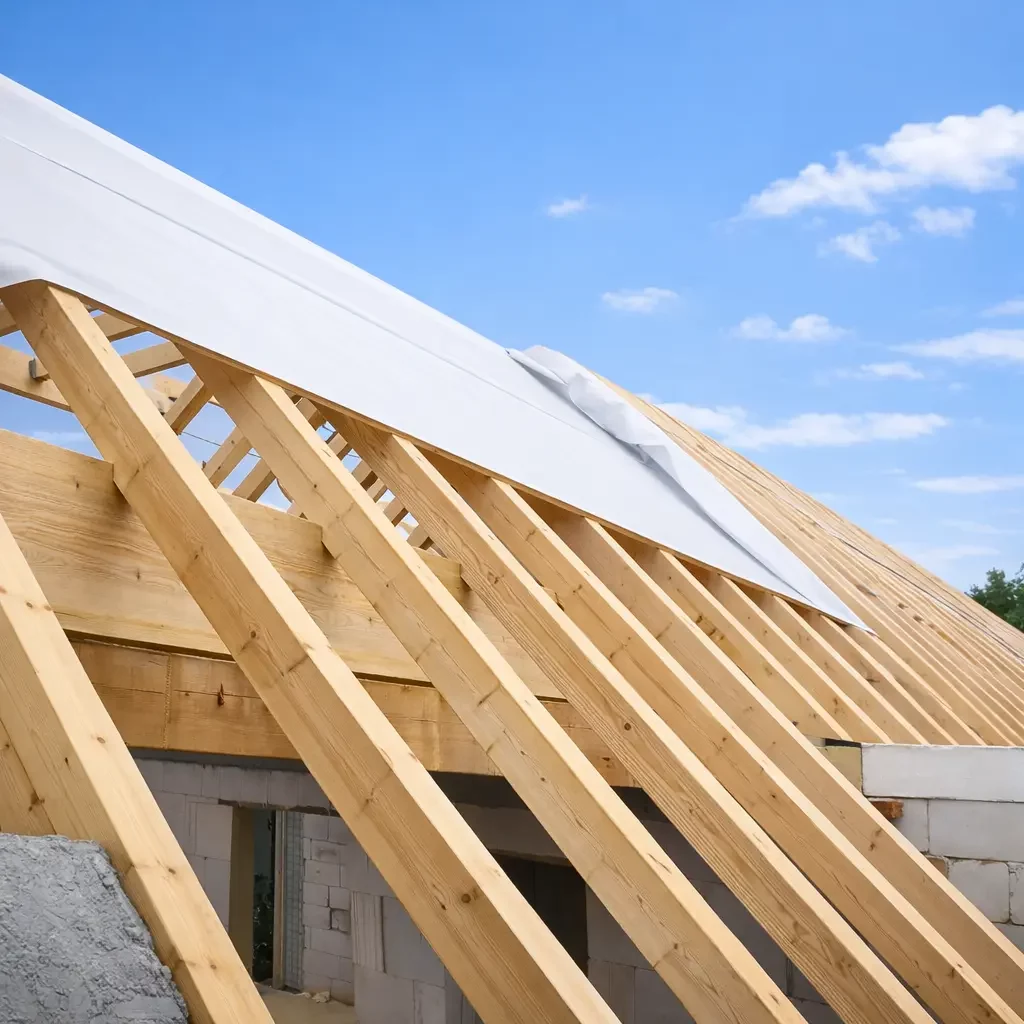 Dachstuhl aus Holz während der Bauphase unter blauem Himmel