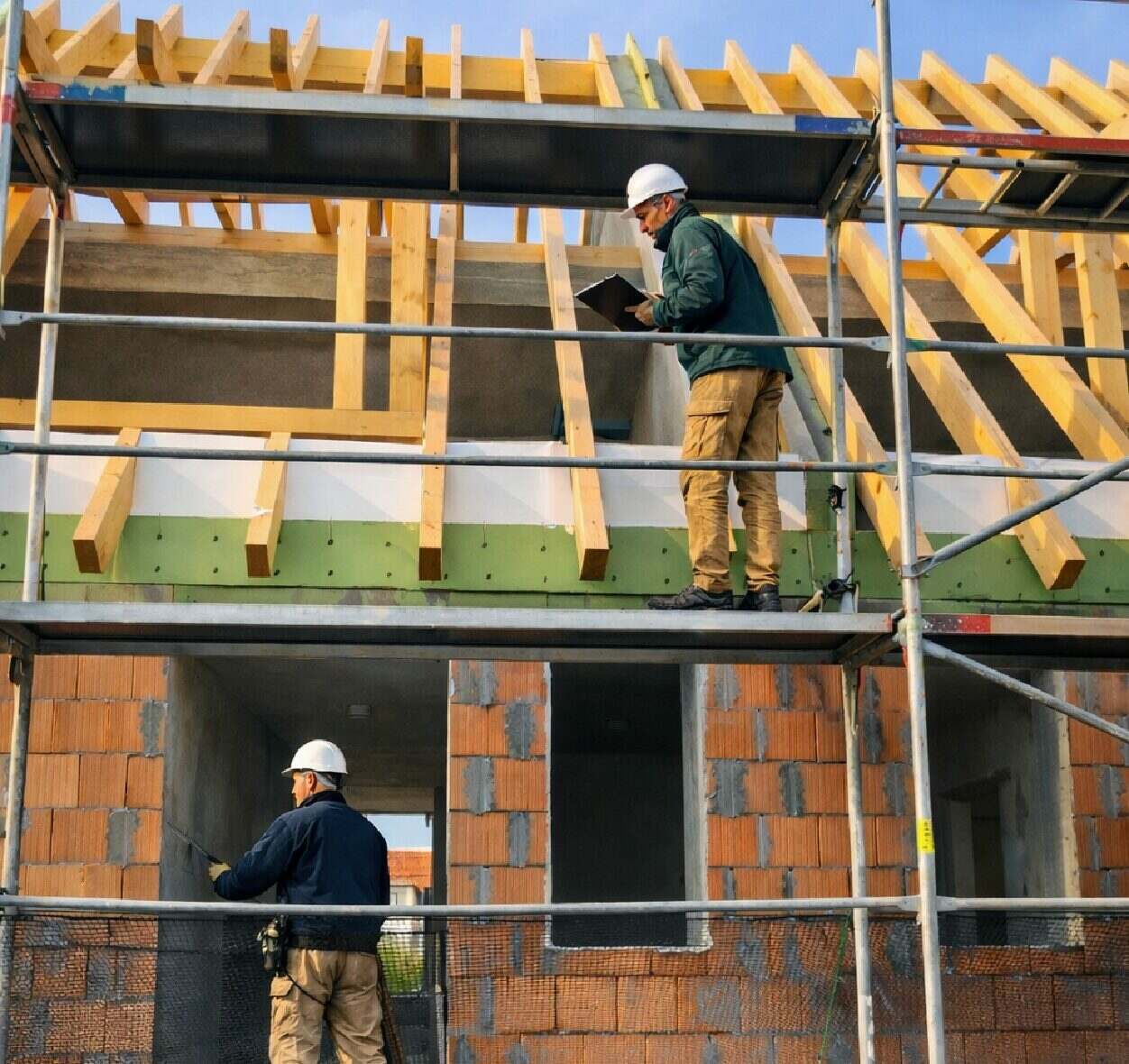 Handwerker an einer Holzrahmenkonstruktion auf der Baustelle