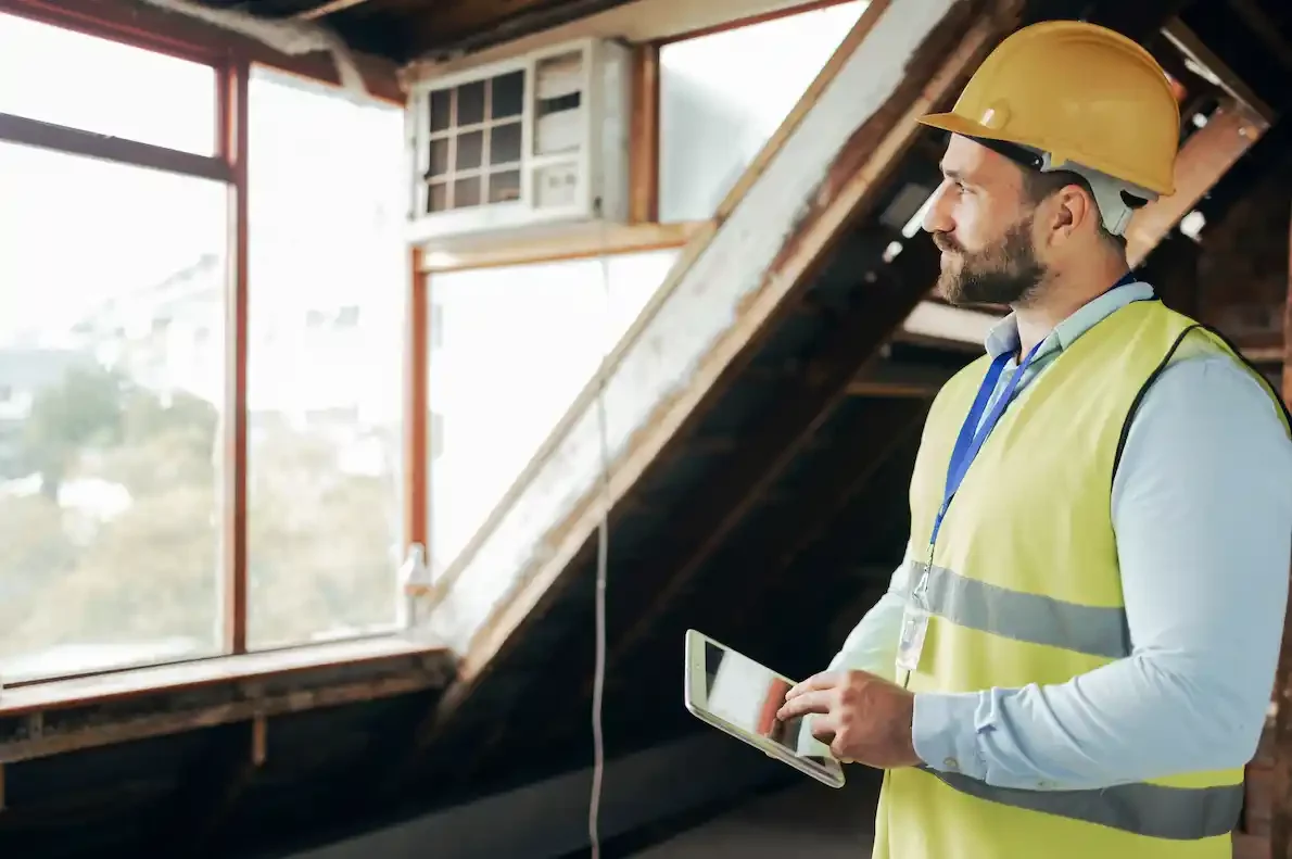 Handwerker mit Tablet bei der Prüfung eines Dachfensters