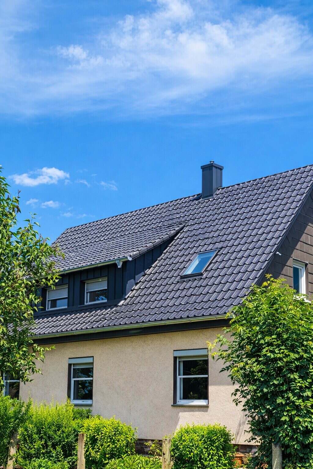 Wohnhaus mit heller Fassade und dunklem Schrägdach