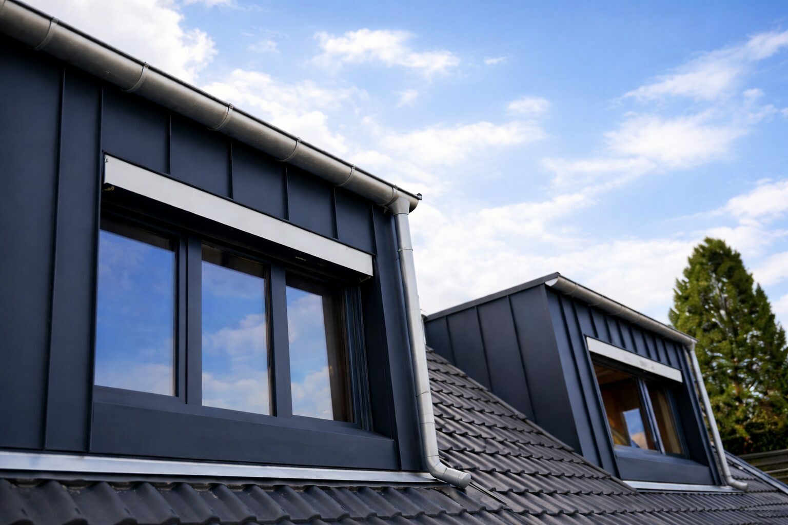Moderne Hausansicht mit dunklem Dach und großen Fenstern